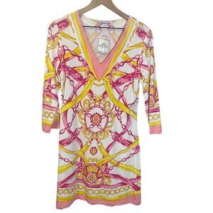 Barbara Gerwit NWT with *FLAWS* Festival Print Long Sleeve Dress Pink Yellow M